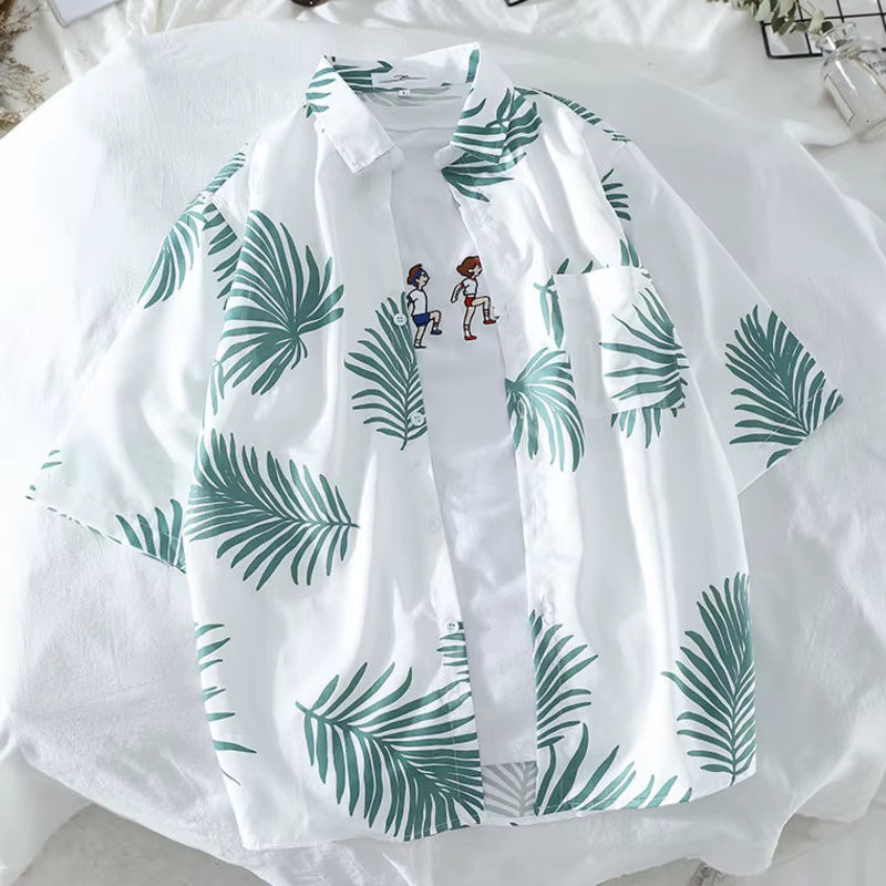 Mens Hawaiian Style Coco Leaf Flower Summer Vacation Short Sleeve Shirts