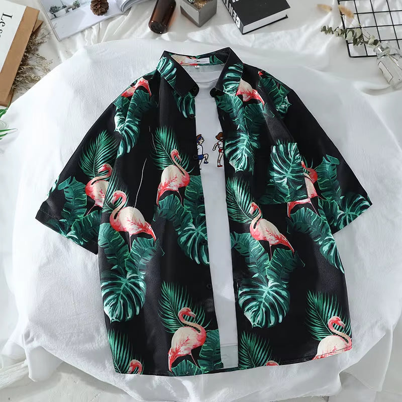 Mens Hawaiian Style Coco Leaf Flower Summer Vacation Short Sleeve Shirts
