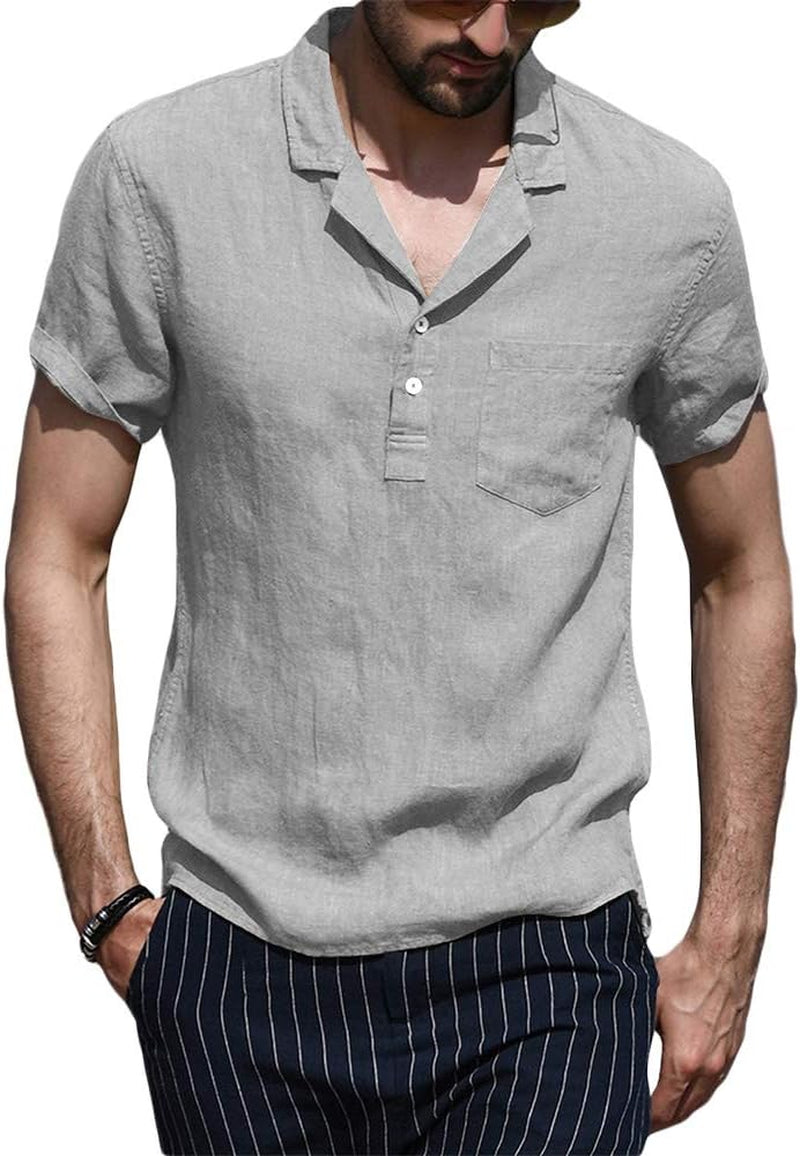Mens Summer Henley Shirts Short Sleeve Cotton Linen Button Hippie T-Shirt with Pocket Grey