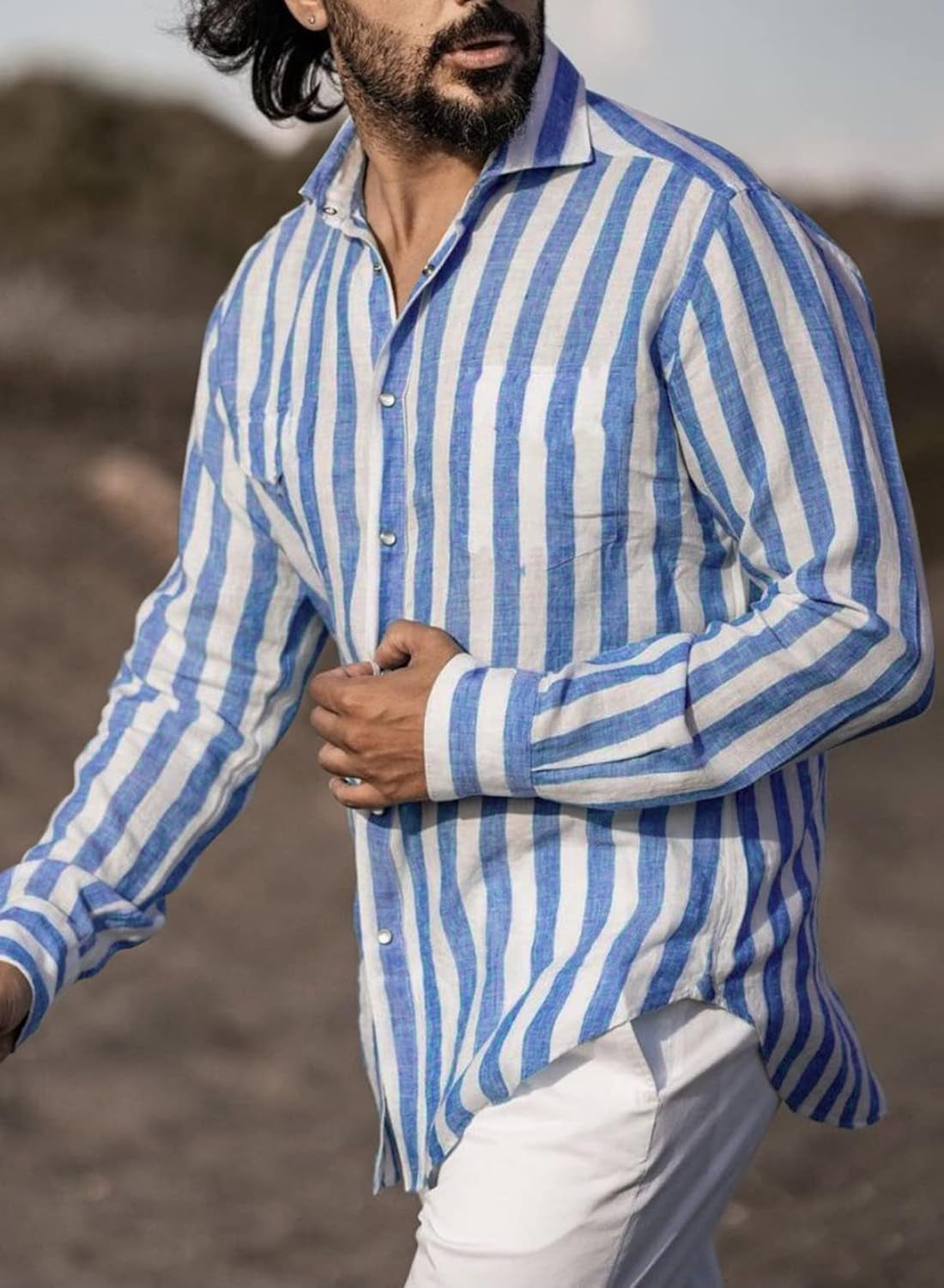 Mens Casual Long Sleeve Button down Shirts Cotton Striped Dress Shirts for Men