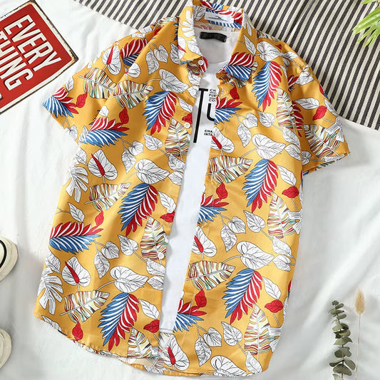 Mens Hawaiian Style Coco Leaf Flower Summer Vacation Short Sleeve Shirts