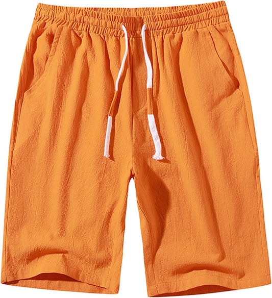 Men'S Linen Shorts Casual Classic Fit Short Elastic Waist Drawstring Summer Beach Shorts with Pockets Orange