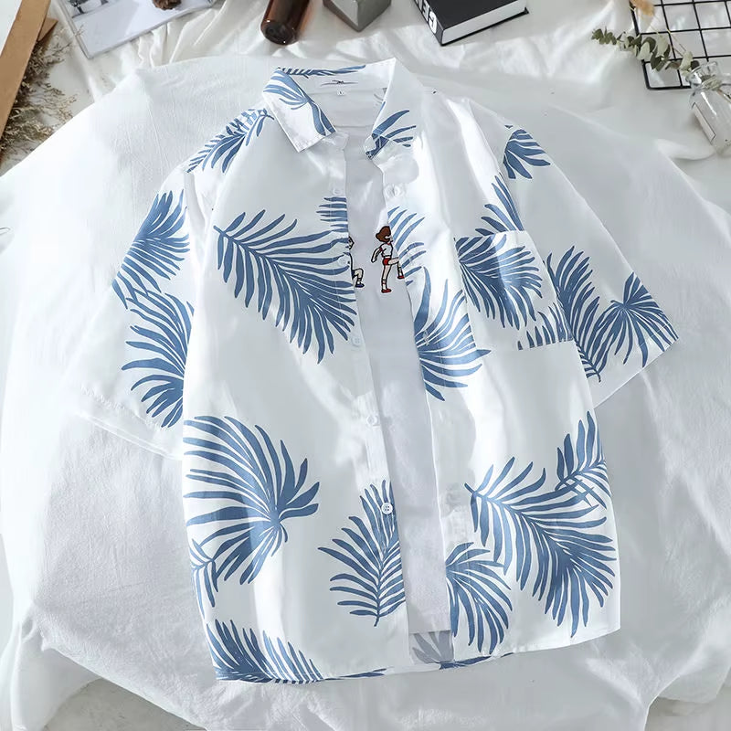 Mens Hawaiian Style Coco Leaf Flower Summer Vacation Short Sleeve Shirts