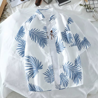 Mens Hawaiian Style Coco Leaf Flower Summer Vacation Short Sleeve Shirts