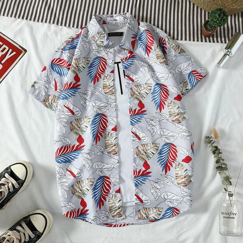 Mens Hawaiian Style Coco Leaf Flower Summer Vacation Short Sleeve Shirts