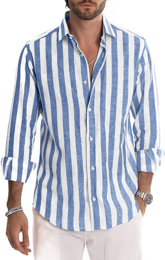 Mens Casual Long Sleeve Button down Shirts Cotton Striped Dress Shirts for Men