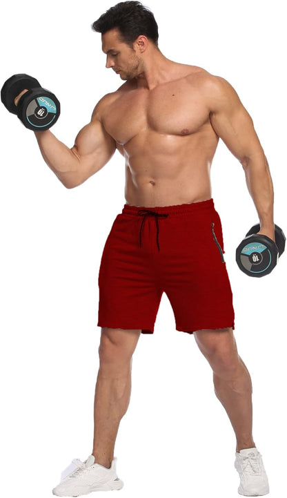 Men'S 5'' Gym Workout Shorts Fitted Running Athletic Shorts Training Bodybuilding Shorts with Zipper Pockets Red