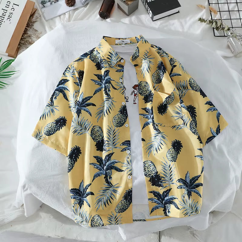 Mens Hawaiian Style Coco Leaf Flower Summer Vacation Short Sleeve Shirts