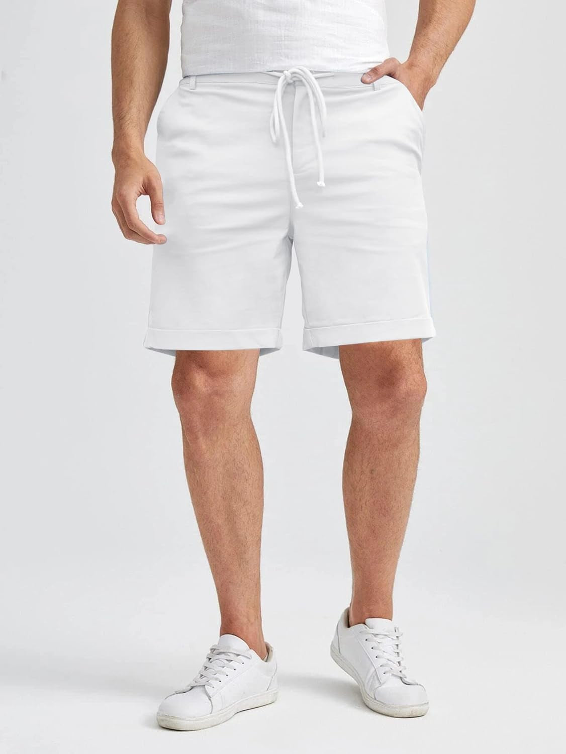 Men'S Linen Casual Classic Shorts Elastic Waist Summer Beach Lightweight Board Slim-Fit with Pockets Cream White