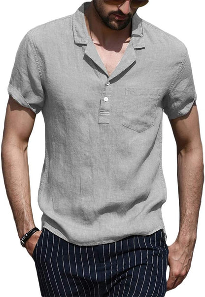 Mens Summer Henley Shirts Short Sleeve Cotton Linen Button Hippie T-Shirt with Pocket Grey