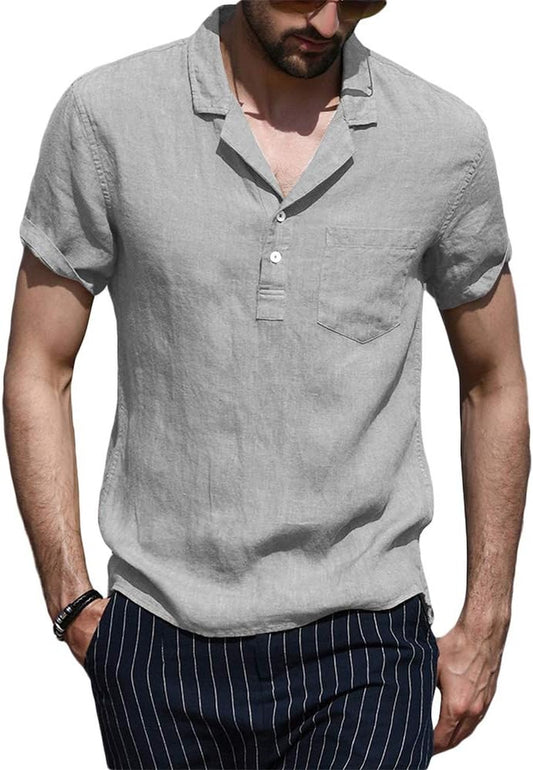 Mens Summer Henley Shirts Short Sleeve Cotton Linen Button Hippie T-Shirt with Pocket Grey