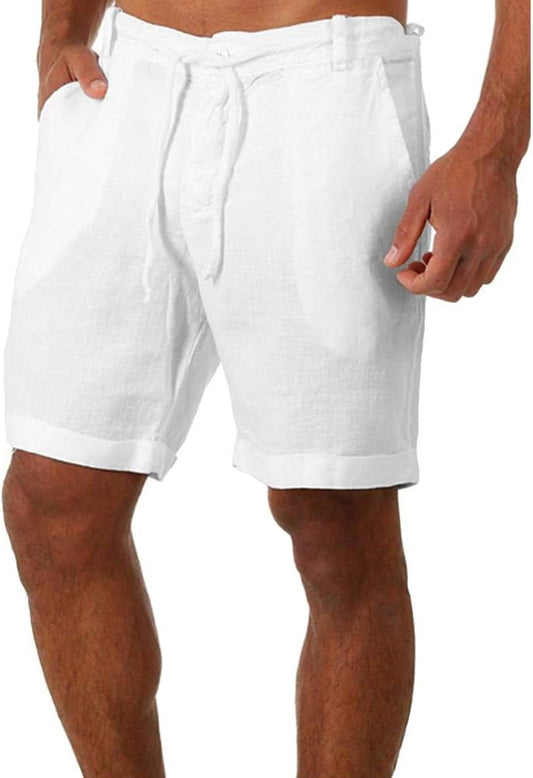 Men'S Linen Casual Classic Shorts Elastic Waist Summer Beach Lightweight Board Slim-Fit with Pockets Cream White