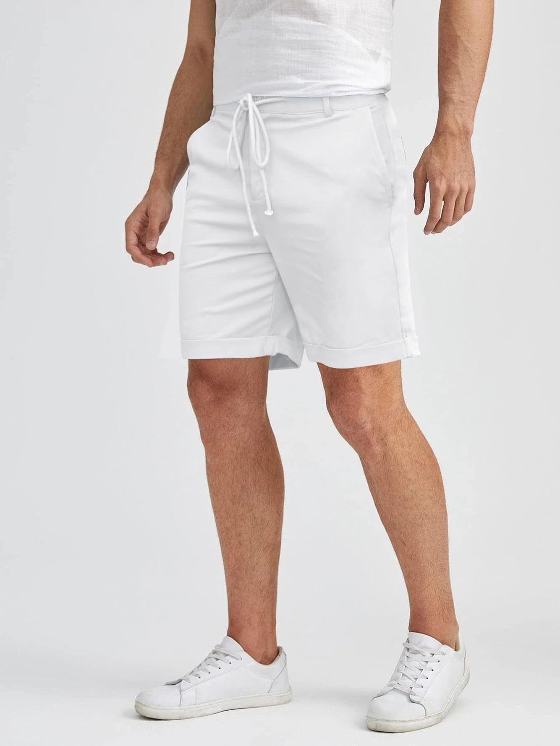 Men'S Linen Casual Classic Shorts Elastic Waist Summer Beach Lightweight Board Slim-Fit with Pockets Cream White