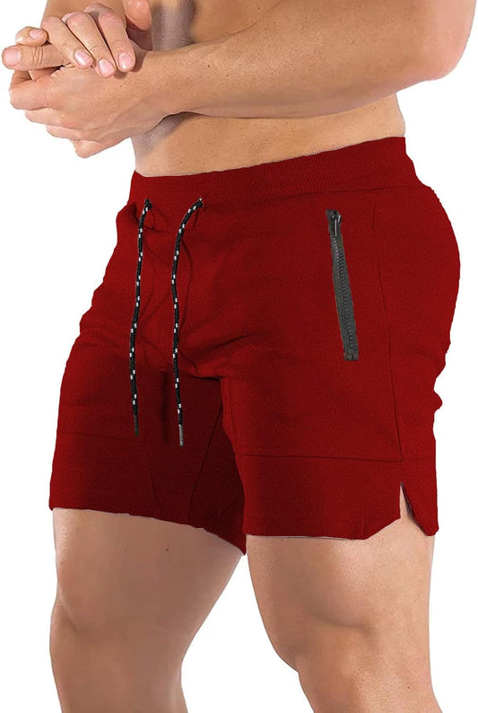 Men'S 5'' Gym Workout Shorts Fitted Running Athletic Shorts Training Bodybuilding Shorts with Zipper Pockets Red