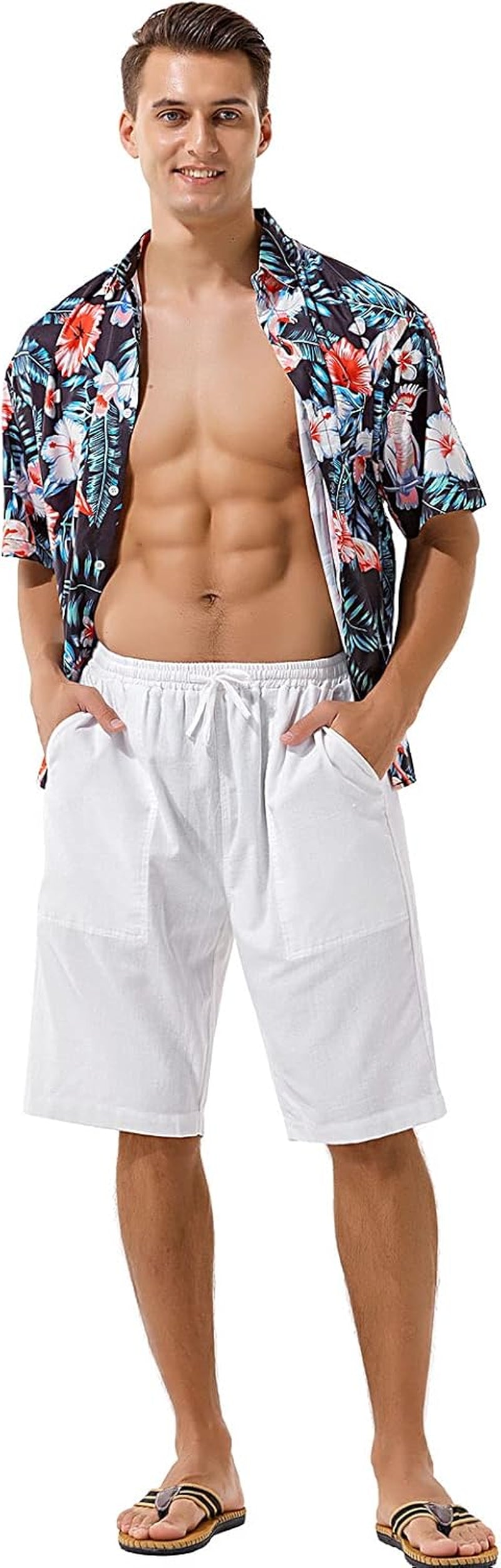 Men'S Cotton Linen Fit 12'' Short Pants with Drawstring Elastic Waist