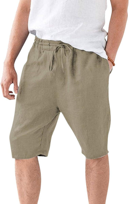 Men’S Shorts Cotton Linen Casual Elastic Waist Drawstring Summer Solid Color Beach Shorts with Pockets Army Green