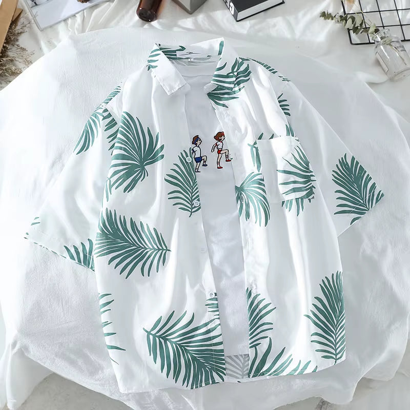 Mens Hawaiian Style Coco Leaf Flower Summer Vacation Short Sleeve Shirts