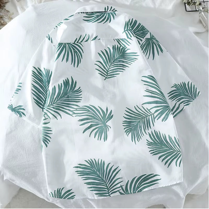 Mens Hawaiian Style Coco Leaf Flower Summer Vacation Short Sleeve Shirts