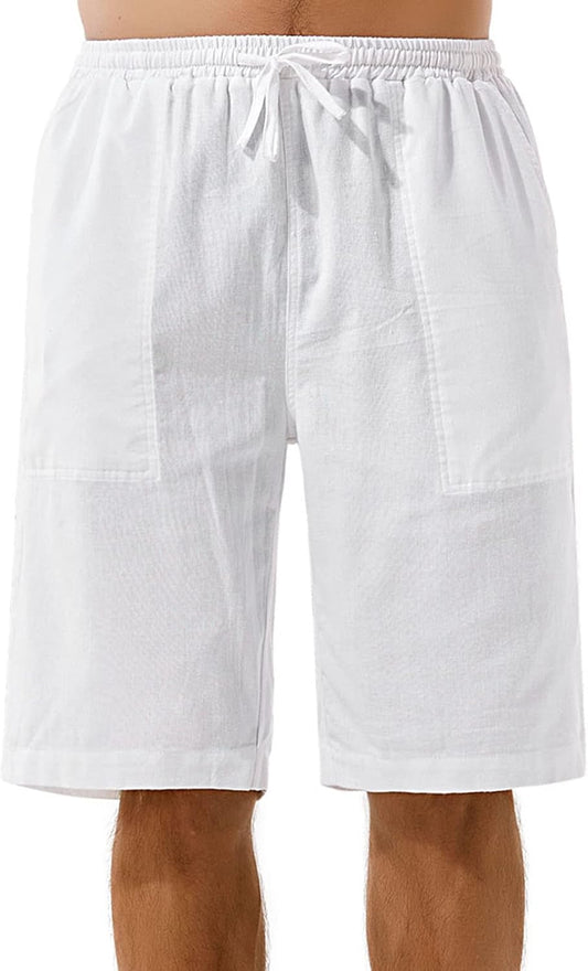 Men'S Cotton Linen Fit 12'' Short Pants with Drawstring Elastic Waist