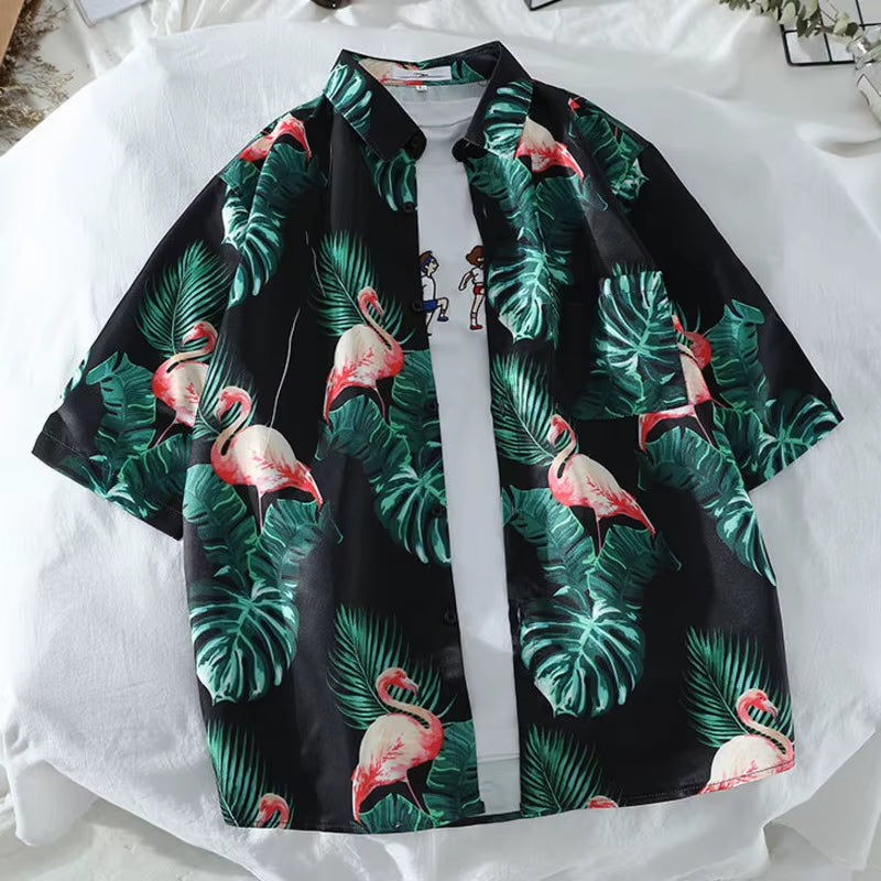 Mens Hawaiian Style Coco Leaf Flower Summer Vacation Short Sleeve Shirts