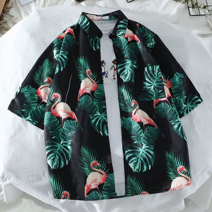Mens Hawaiian Style Coco Leaf Flower Summer Vacation Short Sleeve Shirts