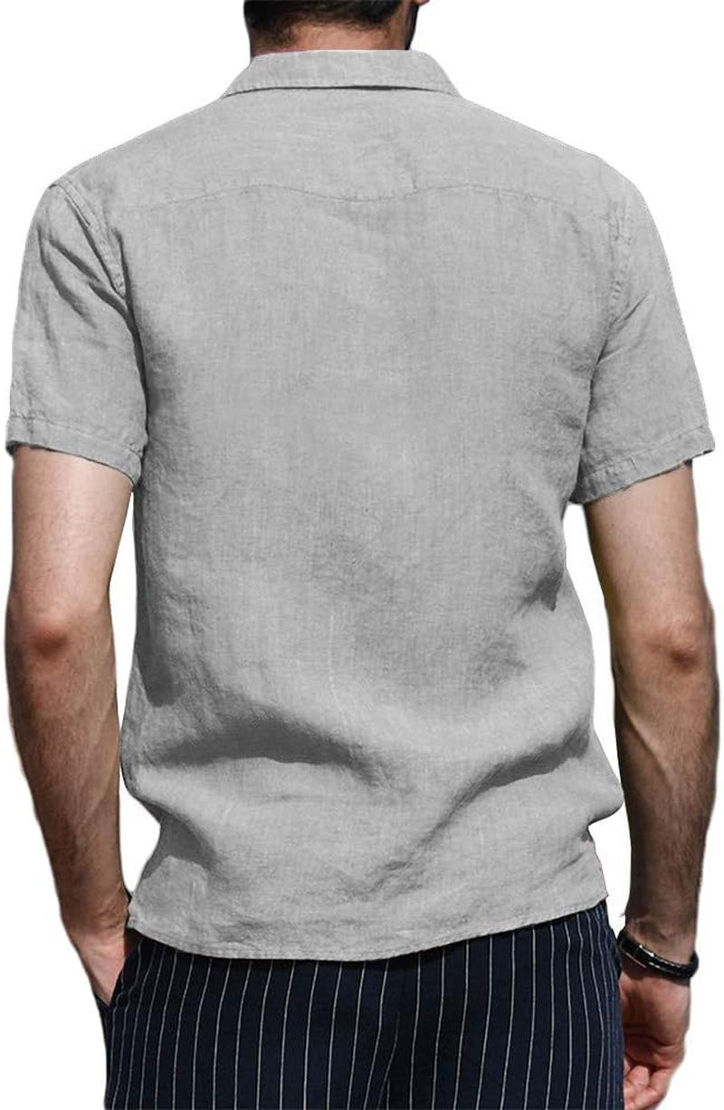 Mens Summer Henley Shirts Short Sleeve Cotton Linen Button Hippie T-Shirt with Pocket Grey